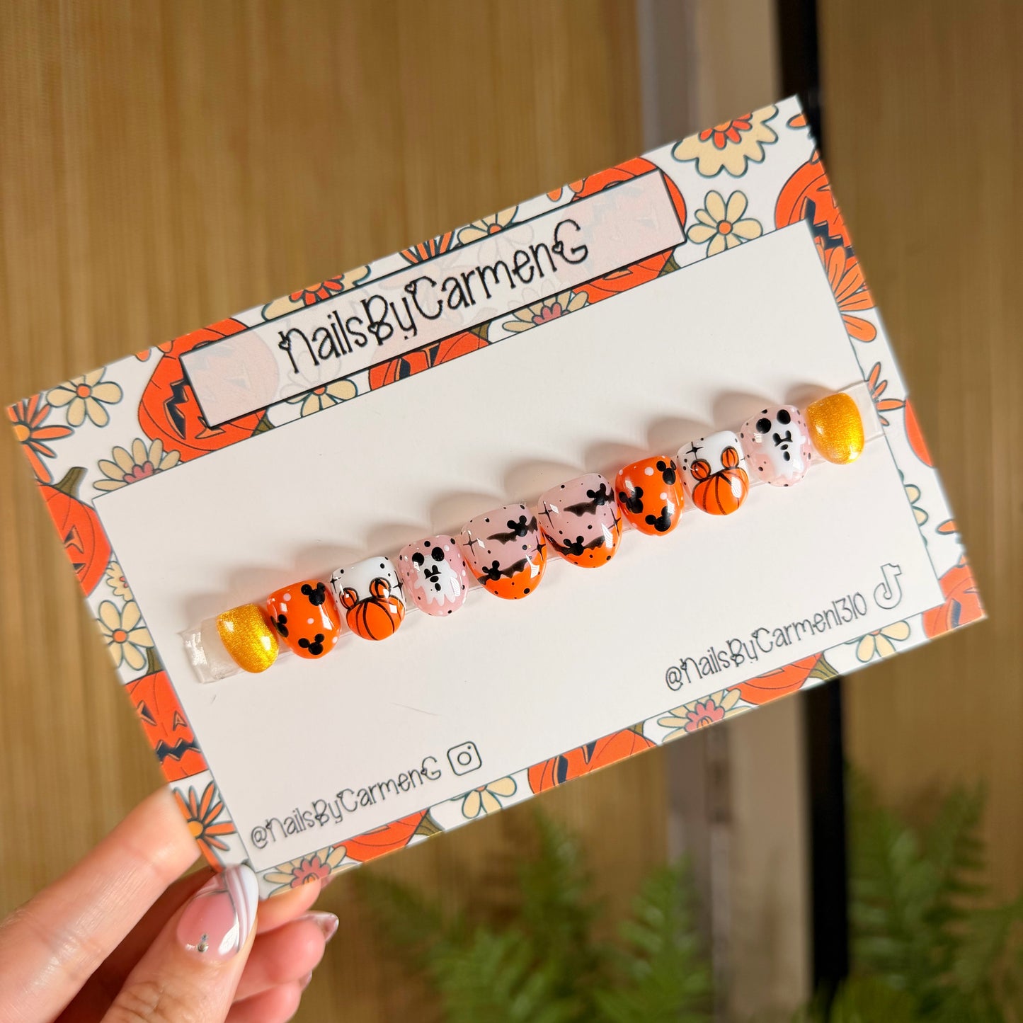 Orange and gold Mickey bats , ghosts and pumpkins Acrylic Press On Nails