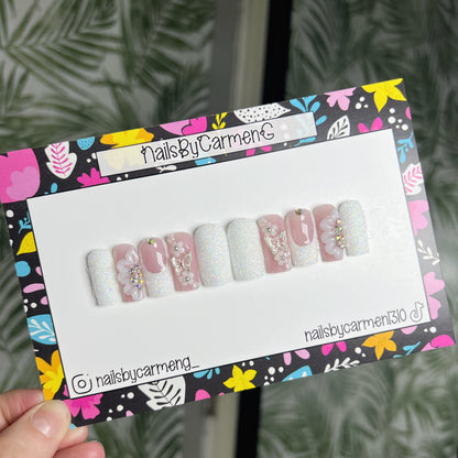 White glitter ombré 3D flowers Acrylic Press on nails