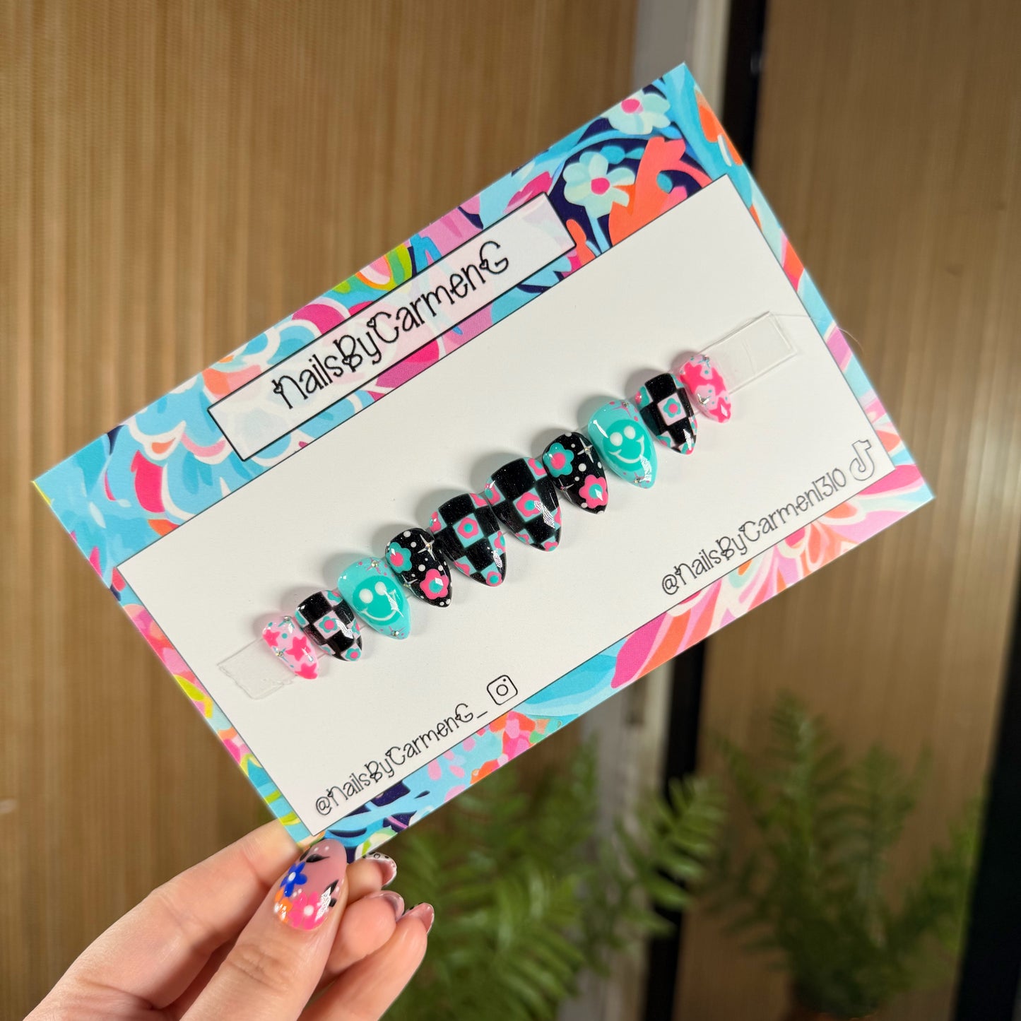 Teal and Pink Acrylic Press on nails