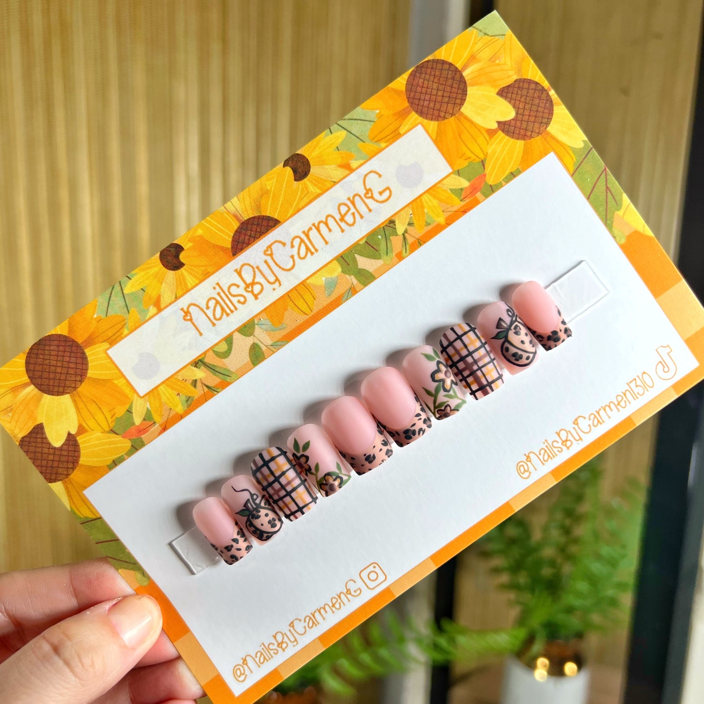 Pumpkin cheetah plaid French tip Acrylic Press on nails