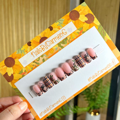 Pumpkin cheetah plaid French tip Acrylic Press on nails