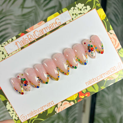 Colorful gold rhinestone French tip Acrylic Press on nails