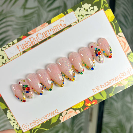 Colorful gold rhinestone French tip Acrylic Press on nails