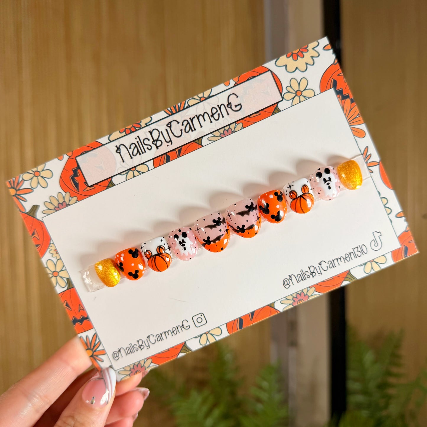 Orange and gold Mickey bats , ghosts and pumpkins Acrylic Press On Nails