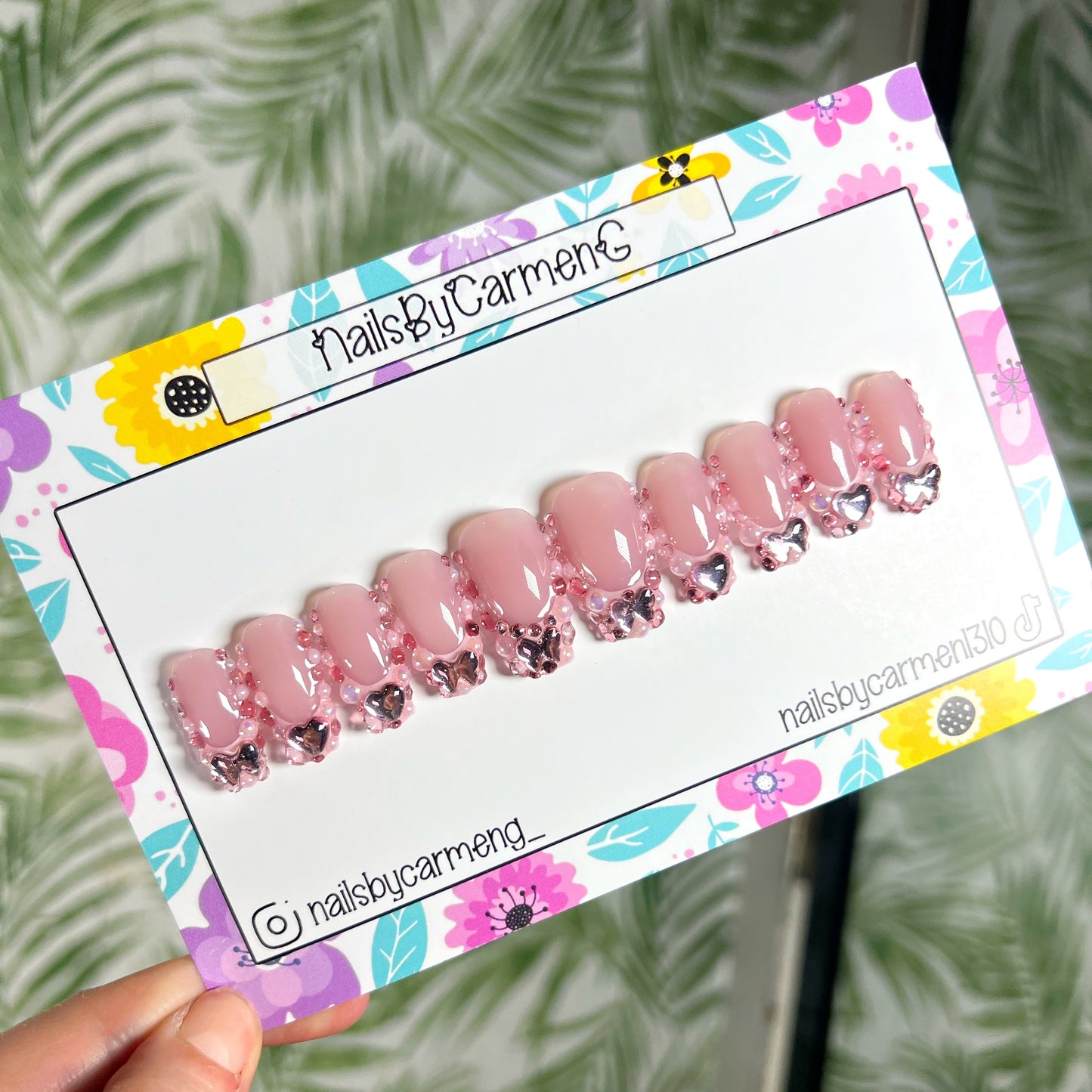 Pink Rhinestone French Tip Acrylic Press on nails