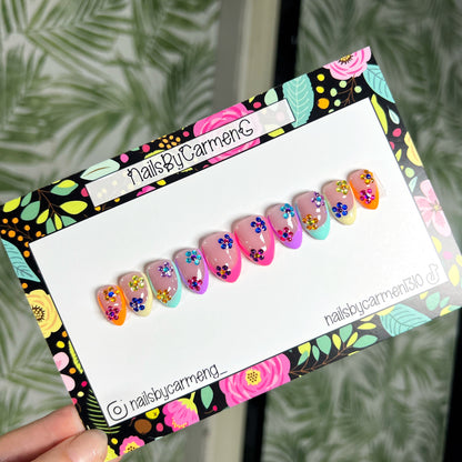 Rainbow tip with rhinestone flowers Acrylic Press on nails