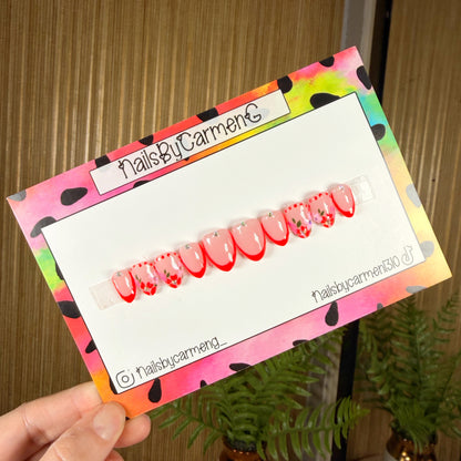 Floral red French tip Acrylic Press on nail