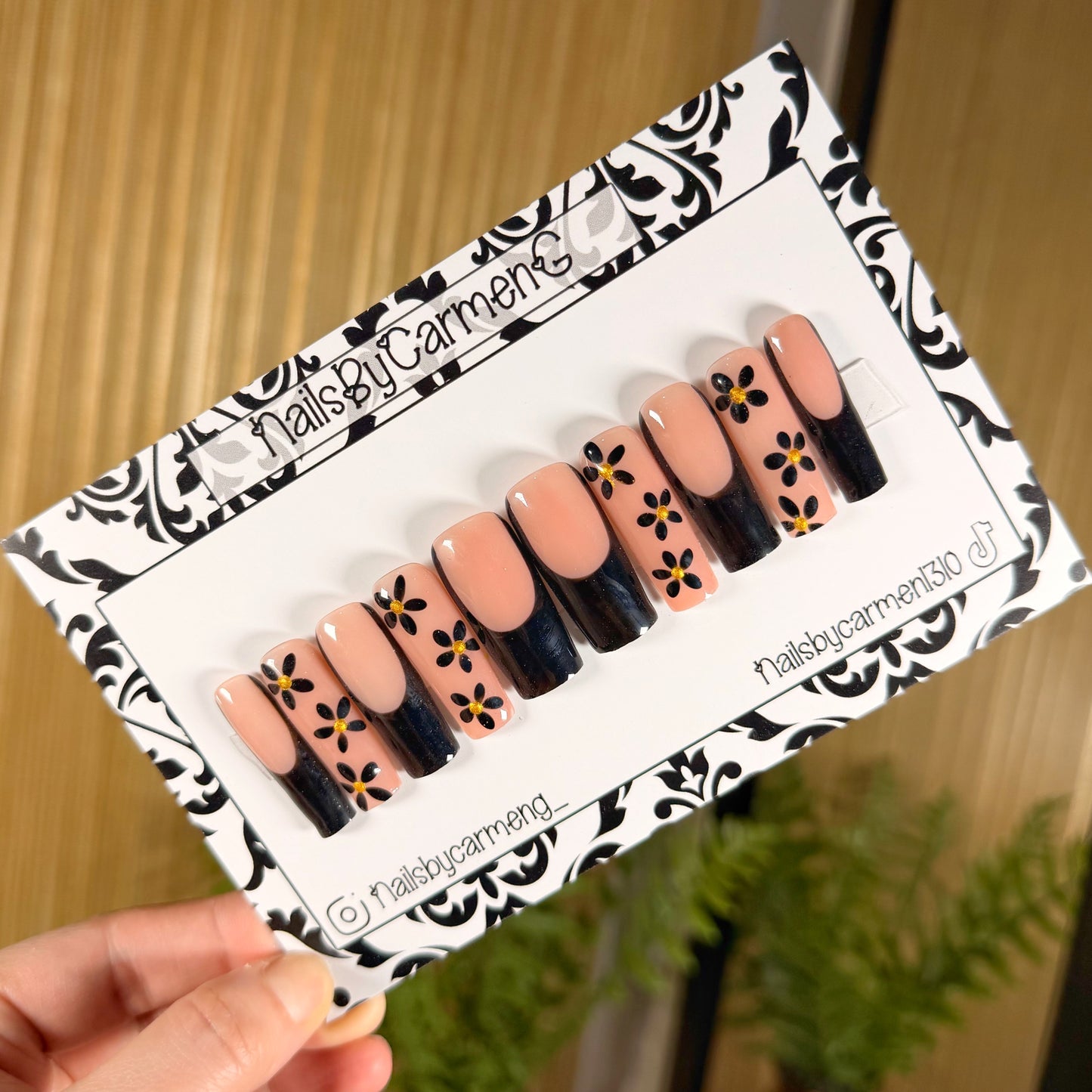 Black floral French Tip Acrylic Press on nail