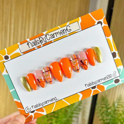 Pumpkin plaid French tip Acrylic Press on nails