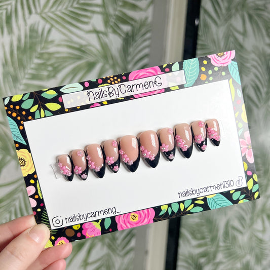 Cherry blossom Black French tip Acrylic Press on nails