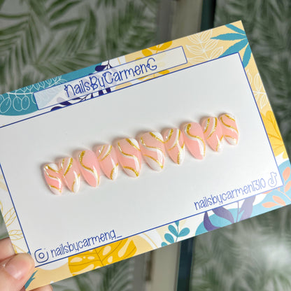 White & Gold Abstract Swirl Press On Nails