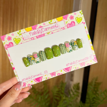 Green dots and flowers Acrylic Press on nails
