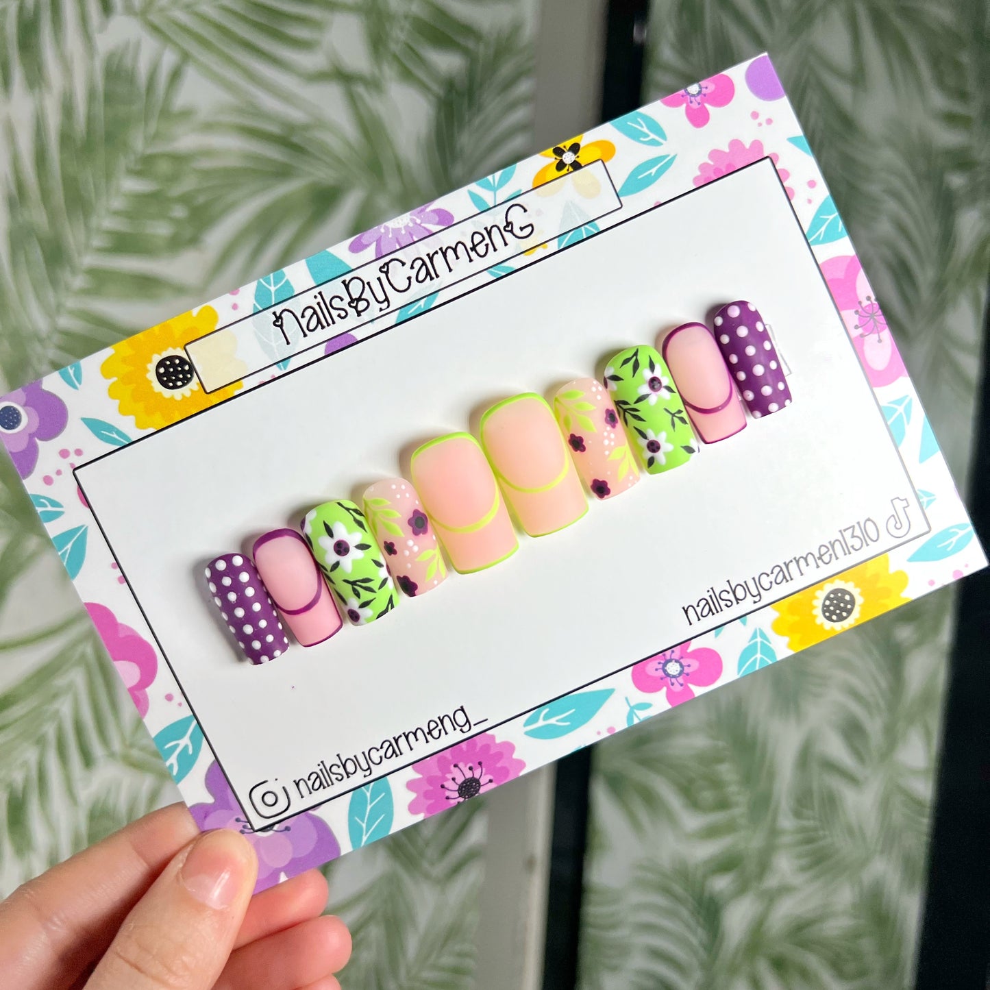 Purple and green floral Acrylic Press on nails