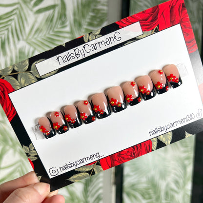 Black and Red Flower Charms Acrylic Press on nails