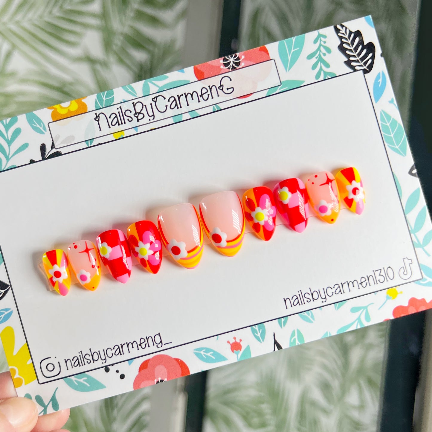 Pink yellow orange spring retro Acrylic Press on nails