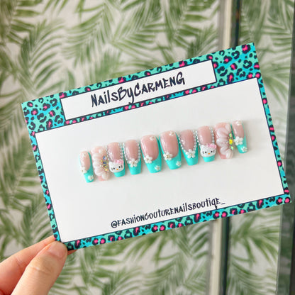 Teal French tip with charms Acrylic Press on nails