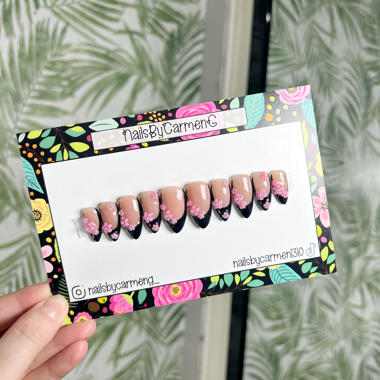 Cherry blossom Black French tip Acrylic Press on nails