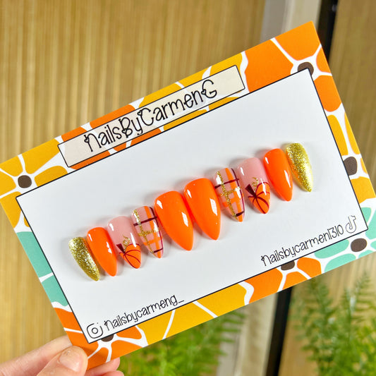 Pumpkin plaid French tip Acrylic Press on nails