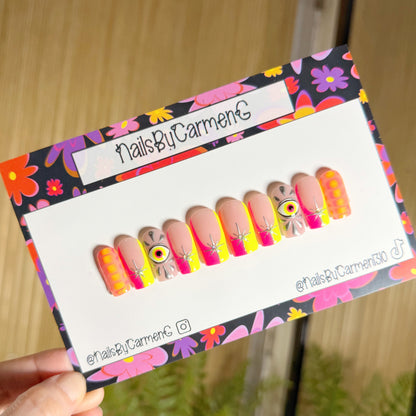 Neon pink and yellow evil eye French tip Acrylic Press on nails
