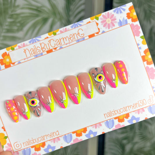 Neon pink and yellow evil eye French tip Acrylic Press on nails