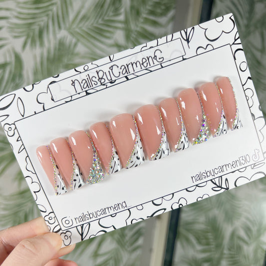 White black rhinestone French tip Acrylic Press on nails