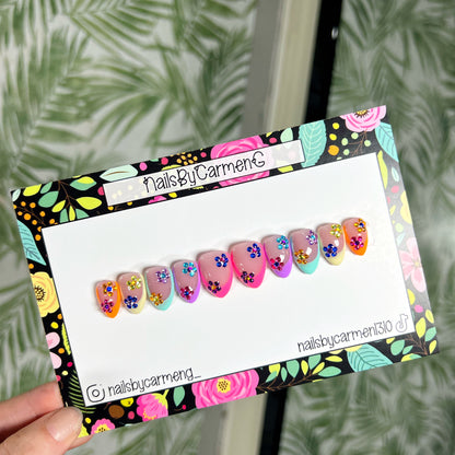 Rainbow tip with rhinestone flowers Acrylic Press on nails