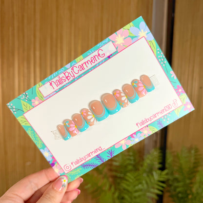 Teal French tip florals Acrylic Press on nails