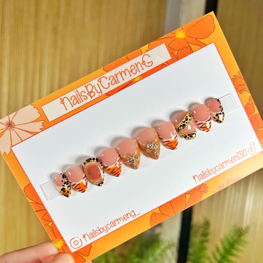 Orange cross animal print French tip Acrylic Press on nails
