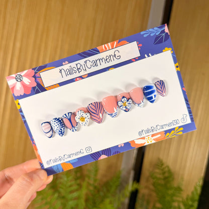 Blue 3d floral Acrylic Press on nails