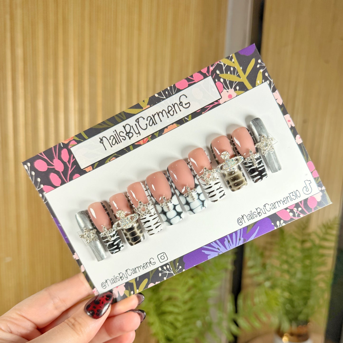 Animal print and chrome galaxy charms Acrylic Press on nails