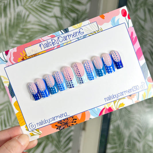 Multi Blue French tip Acrylic Press On Nails