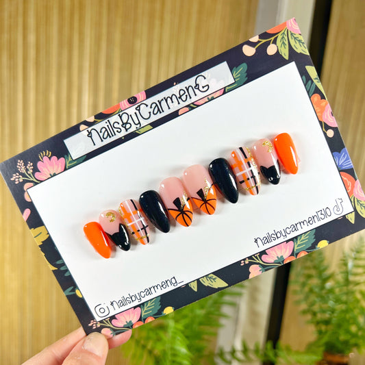 Pumpkin and cat French tip Acrylic Press on nails