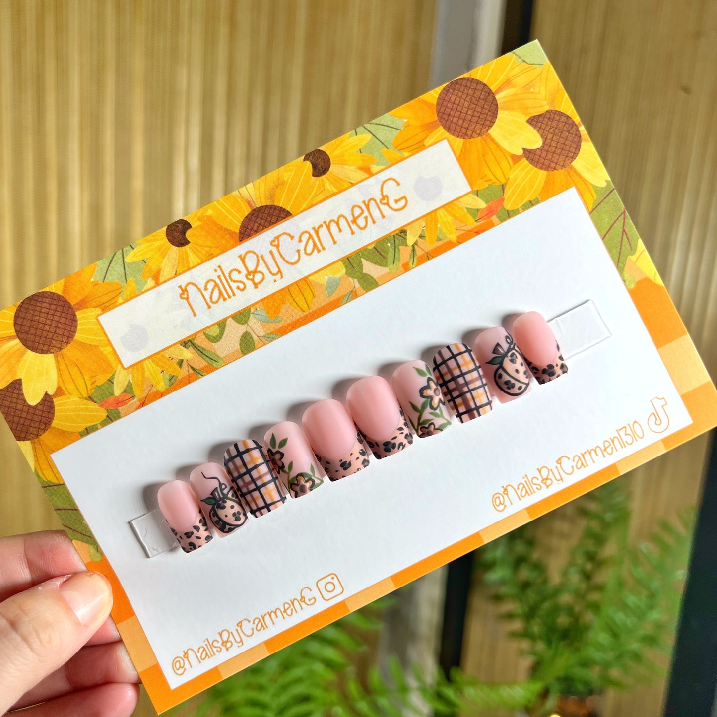 Pumpkin cheetah plaid French tip Acrylic Press on nails