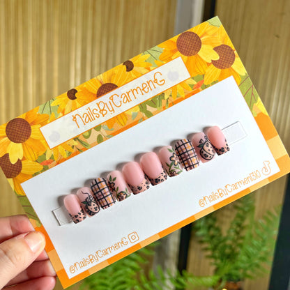 Pumpkin cheetah plaid French tip Acrylic Press on nails