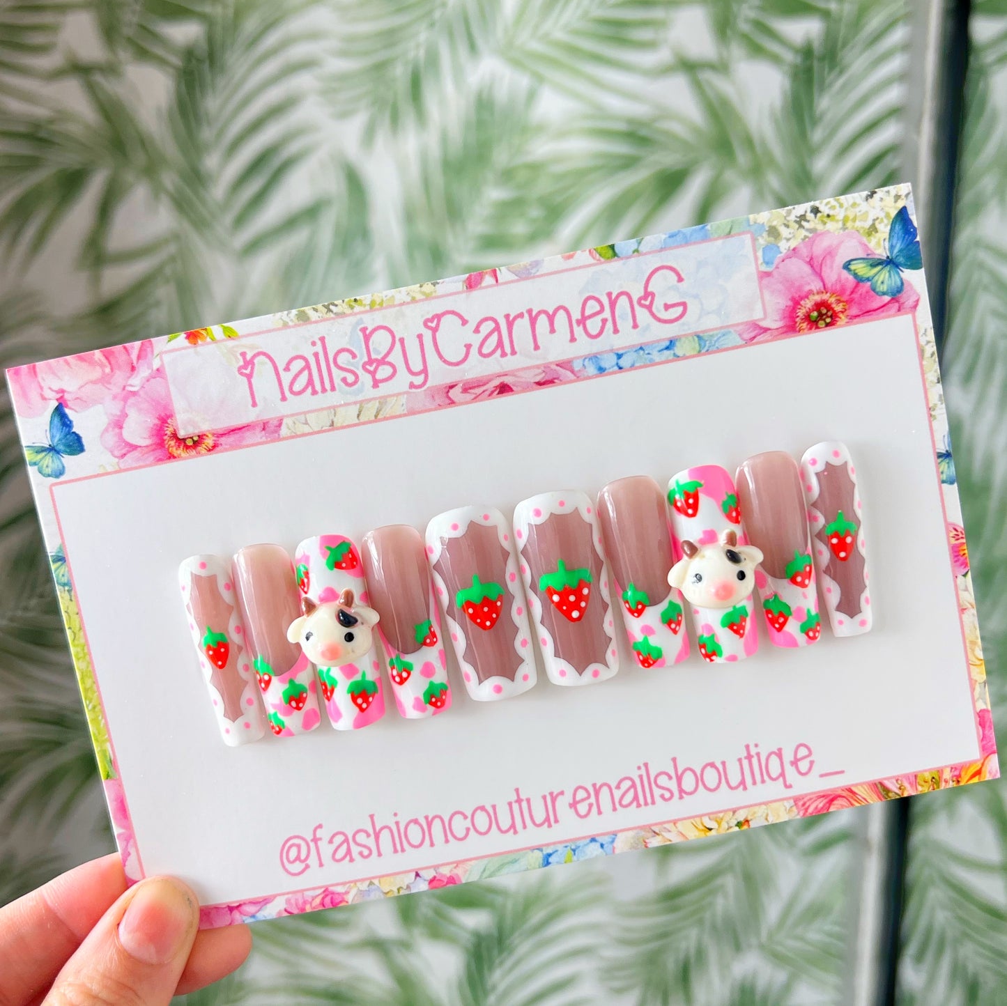 Strawberry cow Acrylic Press on nails