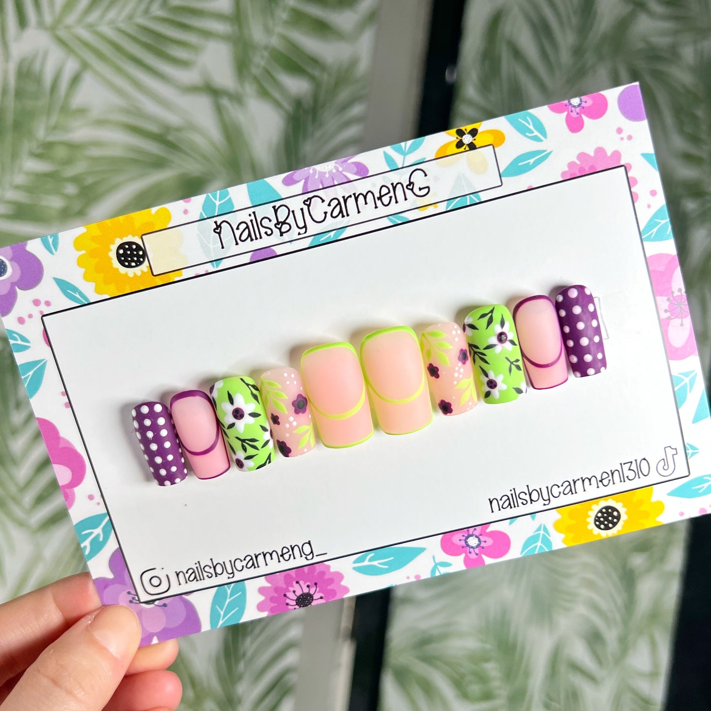 Purple and green floral Acrylic Press on nails