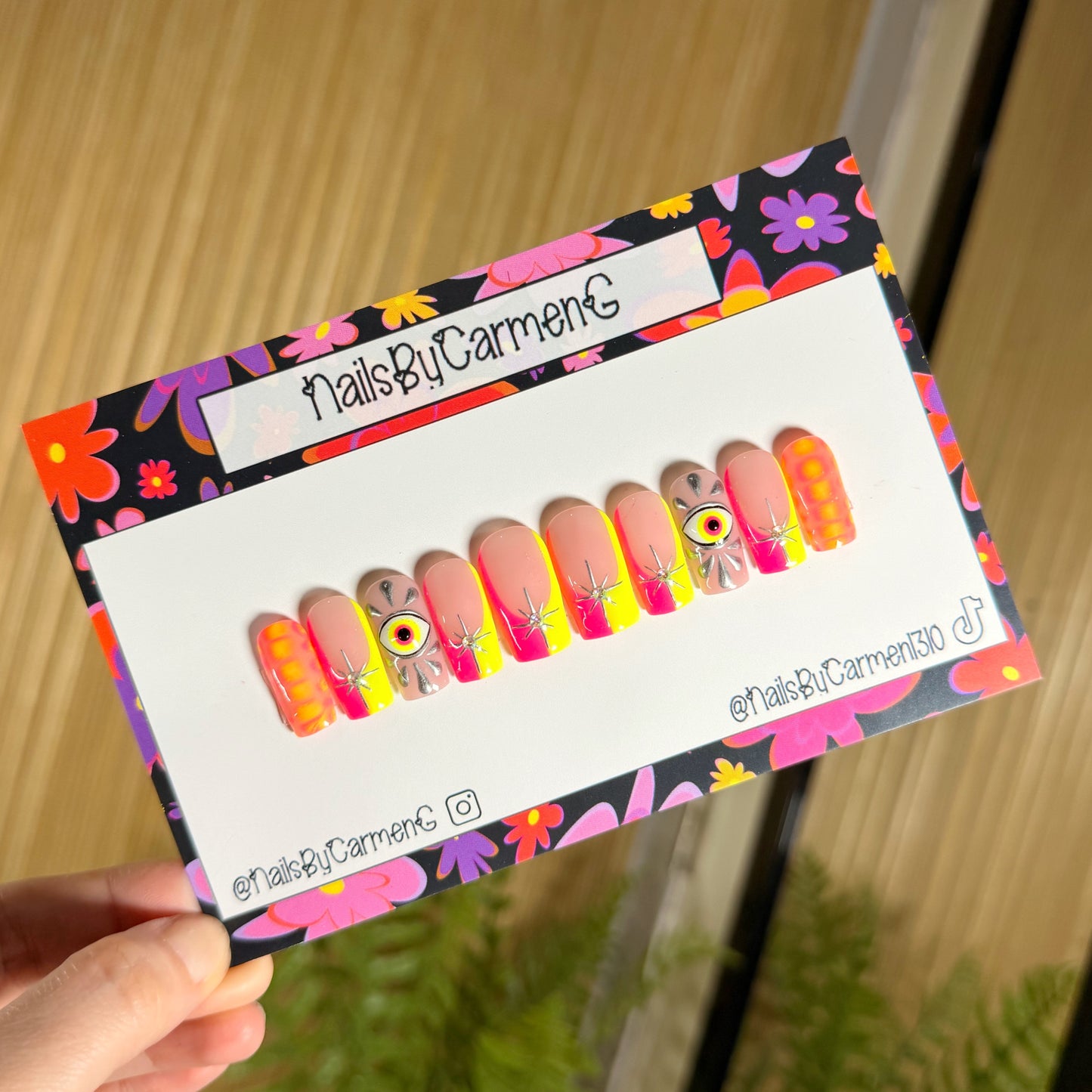 Neon pink and yellow evil eye French tip Acrylic Press on nails