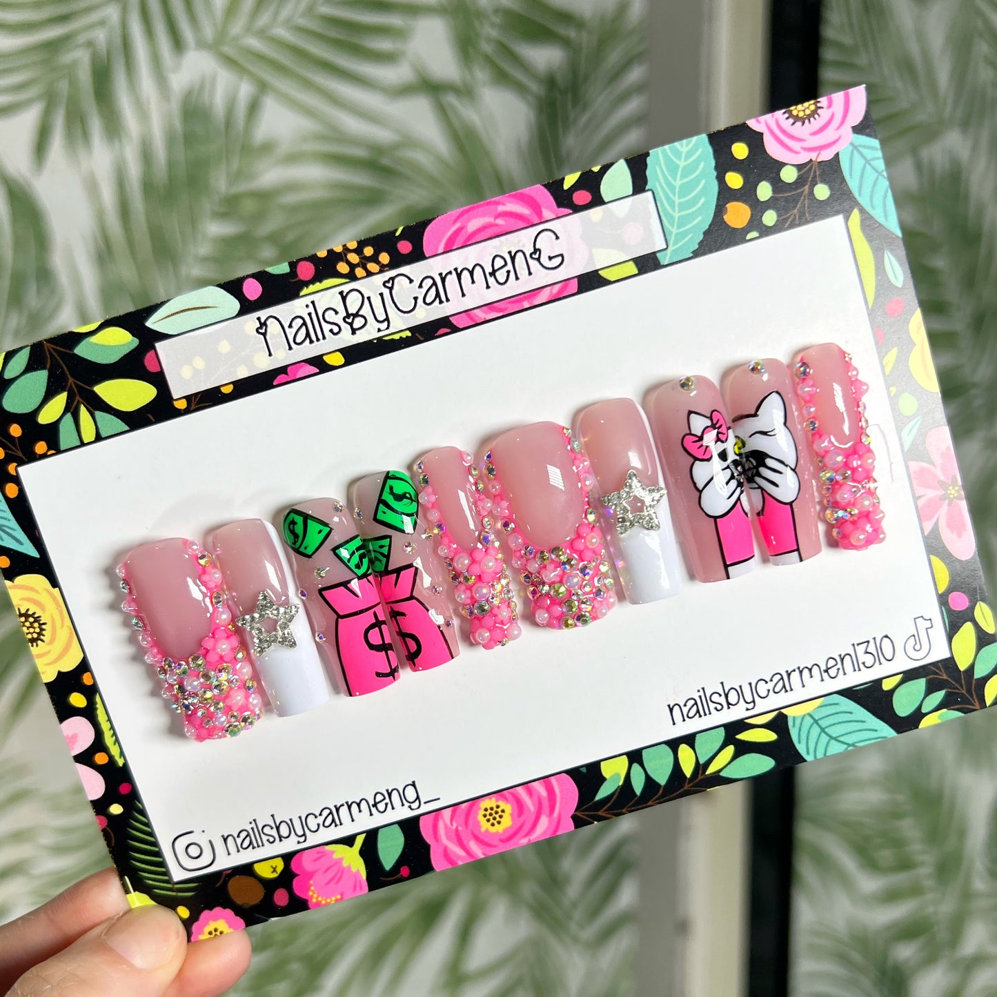 Kitty Star Rhinestone French tip Acrylic Press on nails