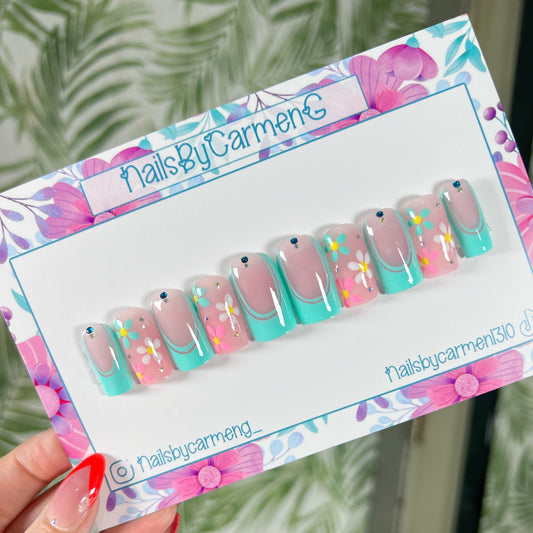 Teal flower french tip Acrylic Press on nails