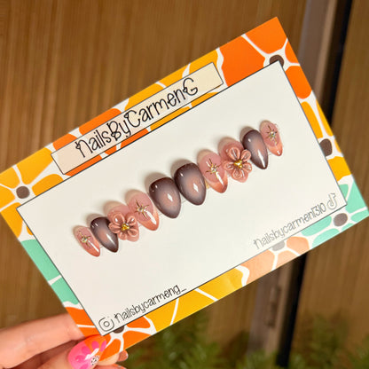 Brown 3d flower ombre Acrylic Press On Nails