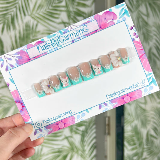 3D Teal Hello Kitty Acrylic Press on nails