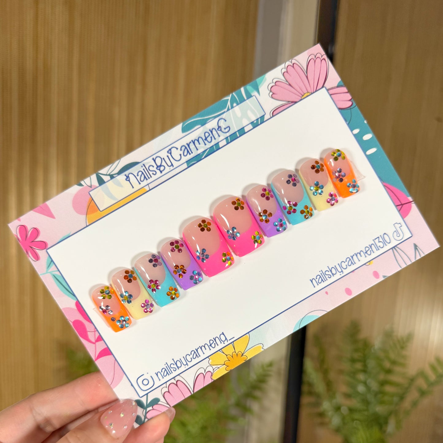 Rainbow tip with rhinestone flowers Acrylic Press on nails