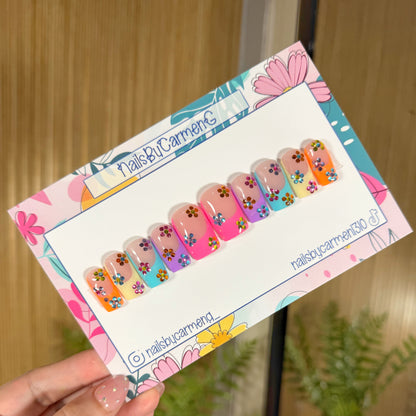 Rainbow tip with rhinestone flowers Acrylic Press on nails