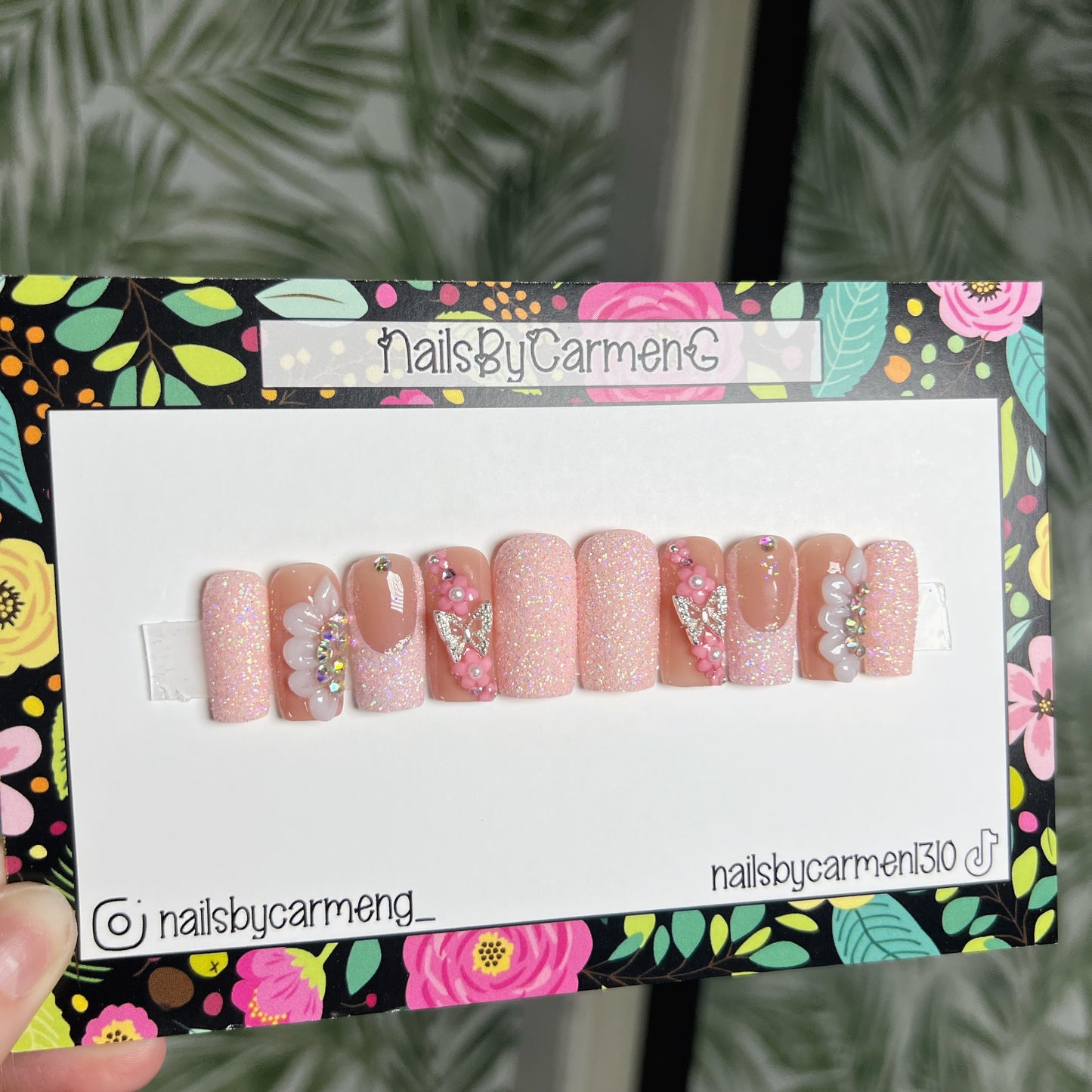 Pink Glitter Butterfly Acrylic Press on nails