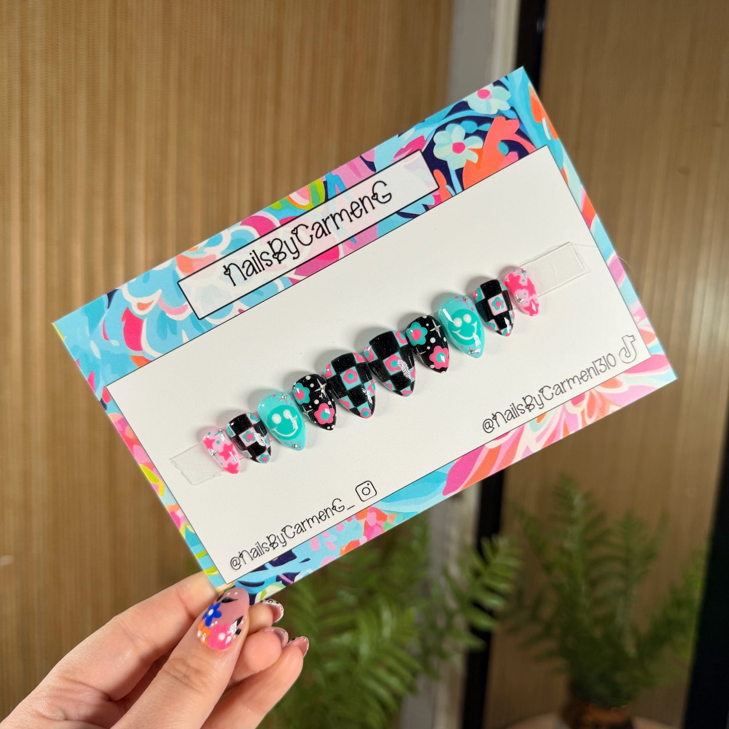 Teal and Pink Acrylic Press on nails
