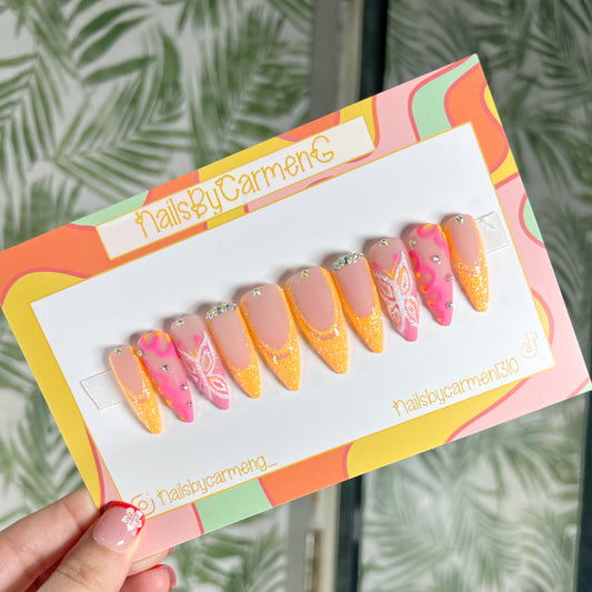 Pink and orange glitter butterfly Acrylic Press on nails