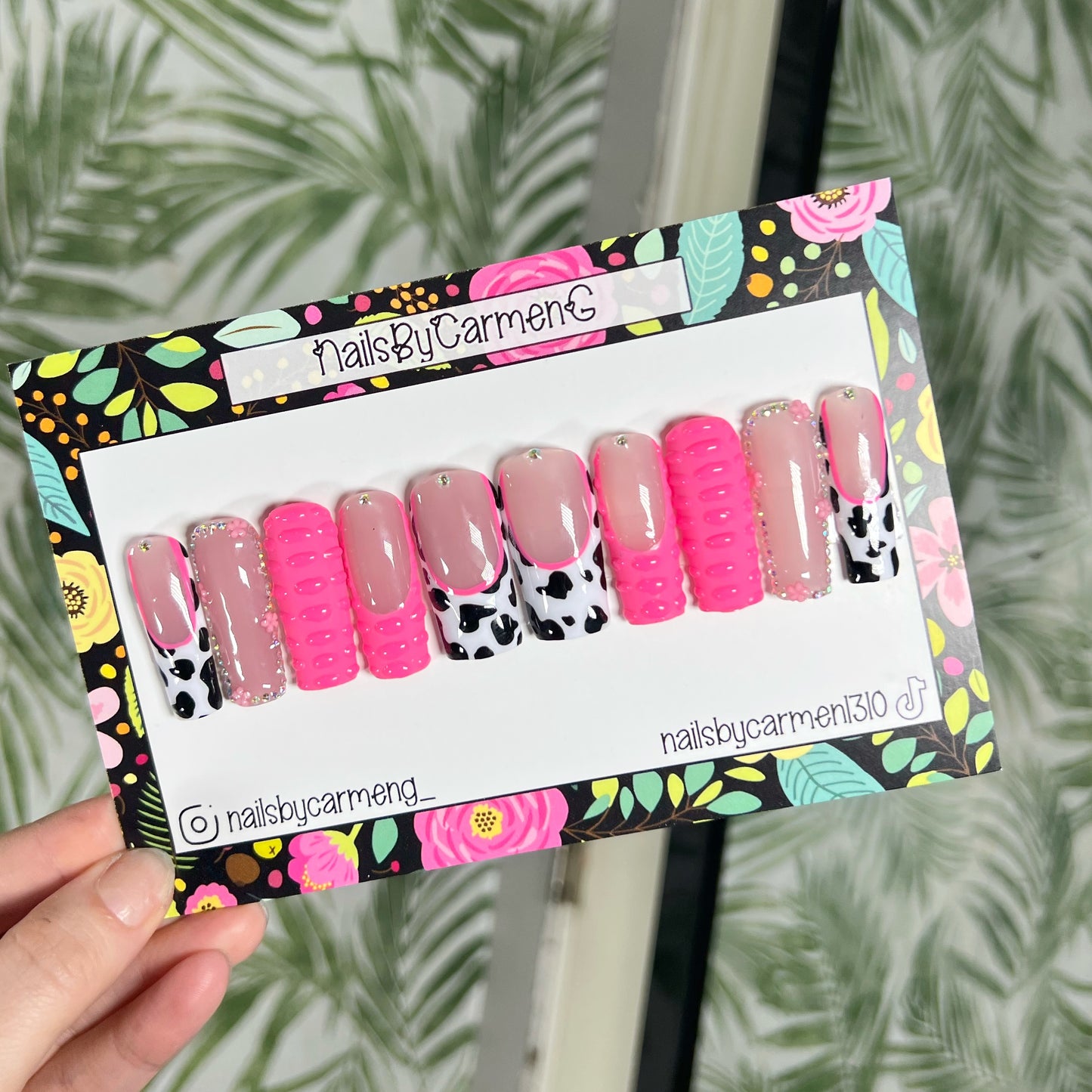 Pink cow print and 3D croc Acrylic Press on nails