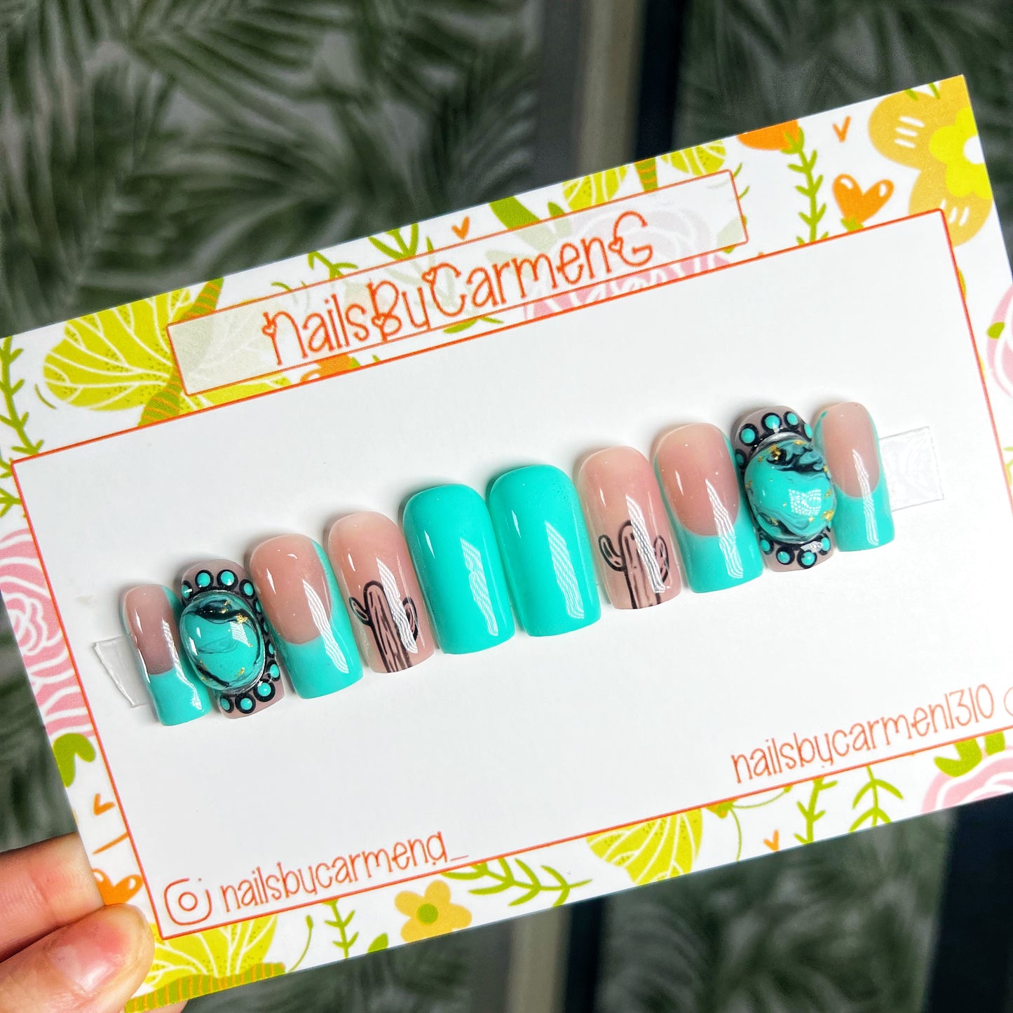 Teal turquoise stone western Acrylic Press on nails