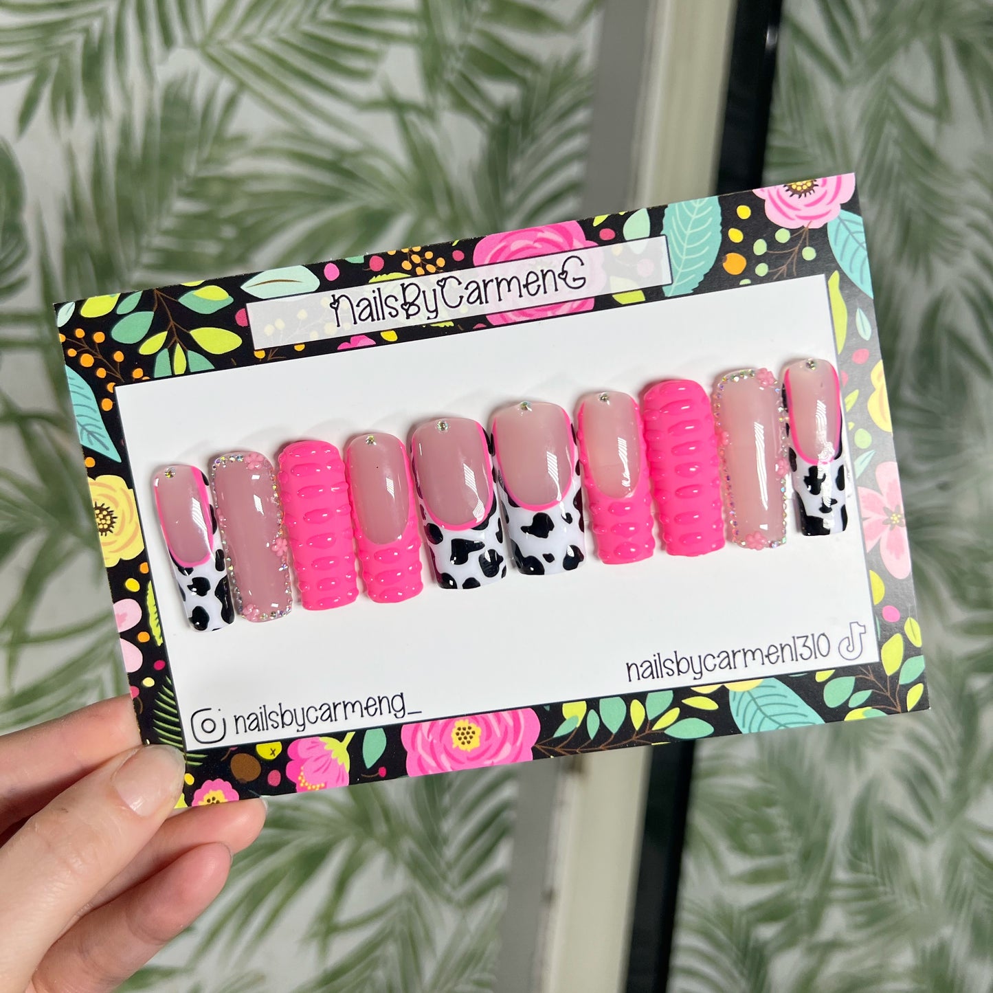 Pink cow print and 3D croc Acrylic Press on nails