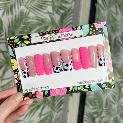 Pink cow print and 3D croc Acrylic Press on nails